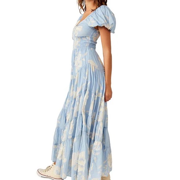 Free People Floral Print Sweetheart Neck Short Puff Sleeve Blue Maxi Dress Sz M - Picture 3 of 5